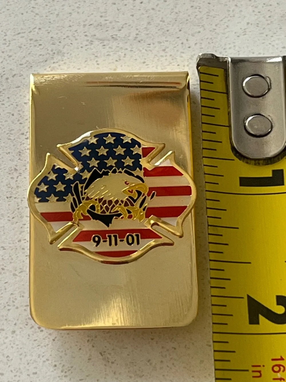 Brass 911 Money Clip firefighters Emblem, United States Flag Eagle